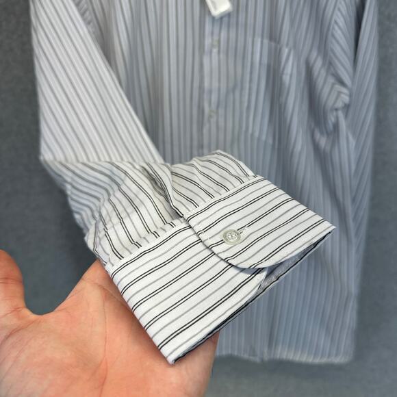 Gianni Bellini Shirt Mens Size 16 White Black Striped Polyester Blend Button Up - Picture 3 of 13